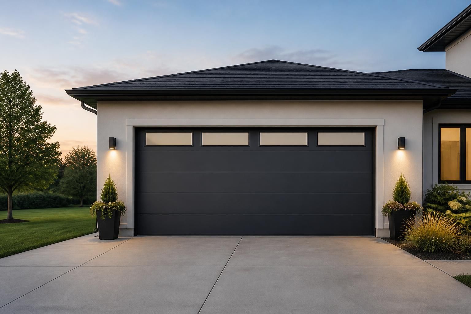 Finished garage exterior with a modern installed garage door.