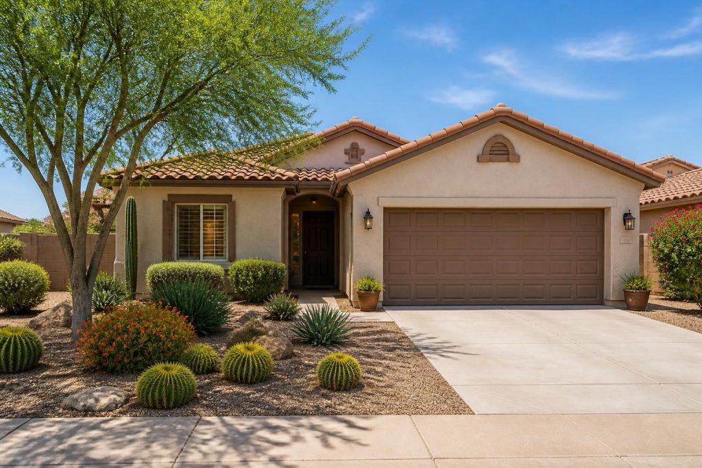 Mesa home exterior with tidy landscaping and garage frontage.