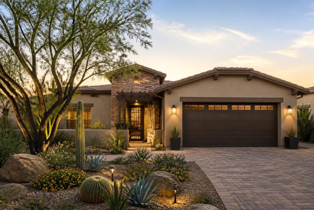 Scottsdale home with upscale desert landscaping and garage front.